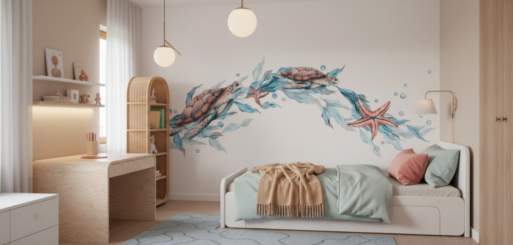 Papier Peint Aquarelle Tortues Marines et Étoiles de Mer Océan - Chambre enfant