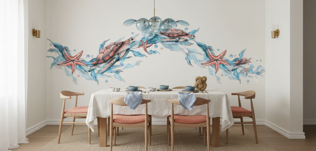 Papier Peint Aquarelle Tortues Marines et Étoiles de Mer Océan - Salle à manger
