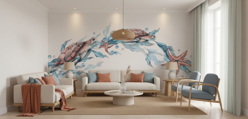 Papier Peint Aquarelle Tortues Marines et Étoiles de Mer Océan - Salon / Séjour