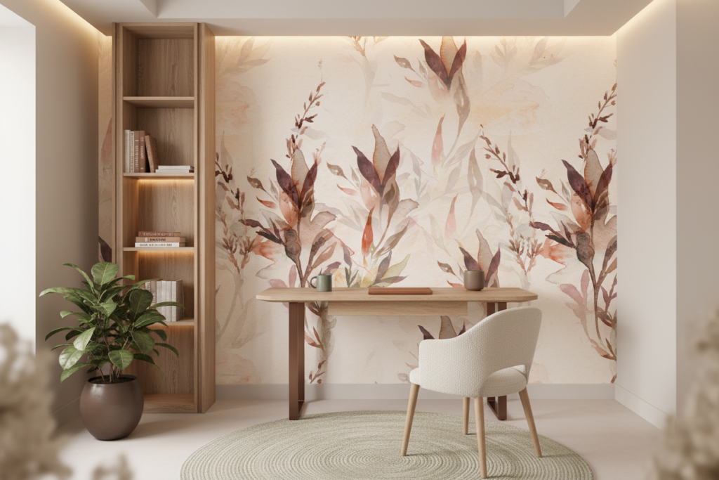 Papier Peint Aquarelle Tropical aux Teintes Douces et Naturelles - Bureau