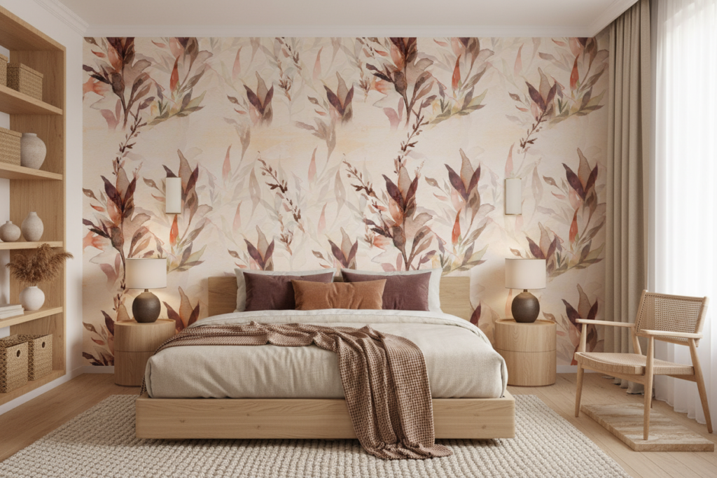 Papier Peint Aquarelle Tropical aux Teintes Douces et Naturelles - Chambre adulte