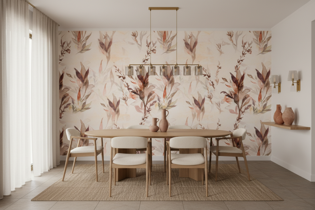 Papier Peint Aquarelle Tropical aux Teintes Douces et Naturelles - Salle à manger