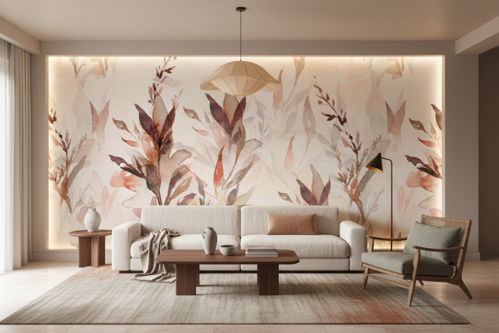 Papier Peint Aquarelle Tropical aux Teintes Douces et Naturelles - Salon / Séjour