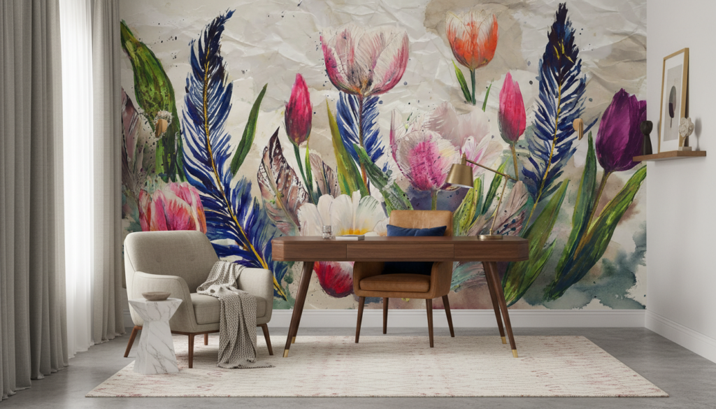 Papier peint aquarelle tulipes et plumes bleues fond beige - Bureau