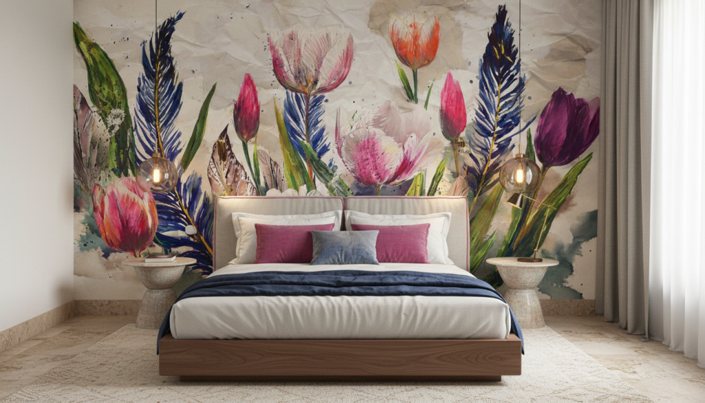 Papier peint aquarelle tulipes et plumes bleues fond beige - Chambre adulte