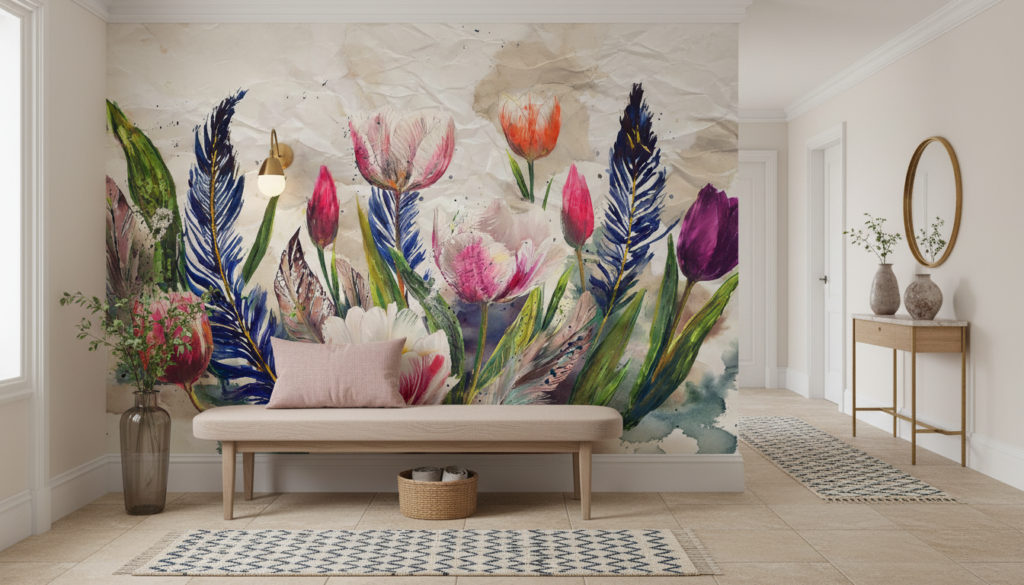 Papier peint aquarelle tulipes et plumes bleues fond beige - Entrée