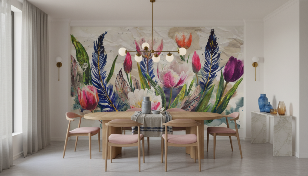 Papier peint aquarelle tulipes et plumes bleues fond beige - Salle à manger