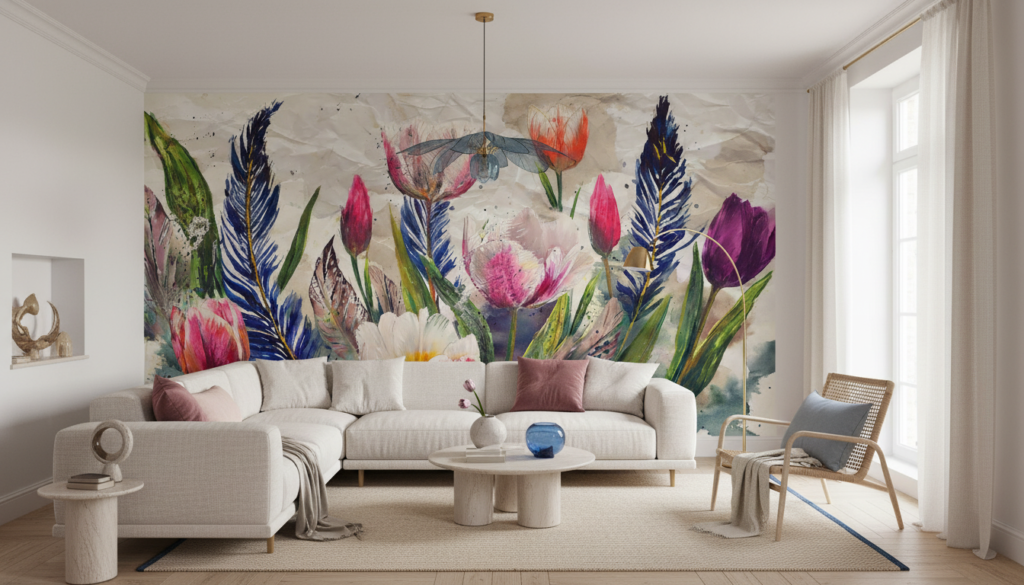 Papier peint aquarelle tulipes et plumes bleues fond beige - Salon / Séjour