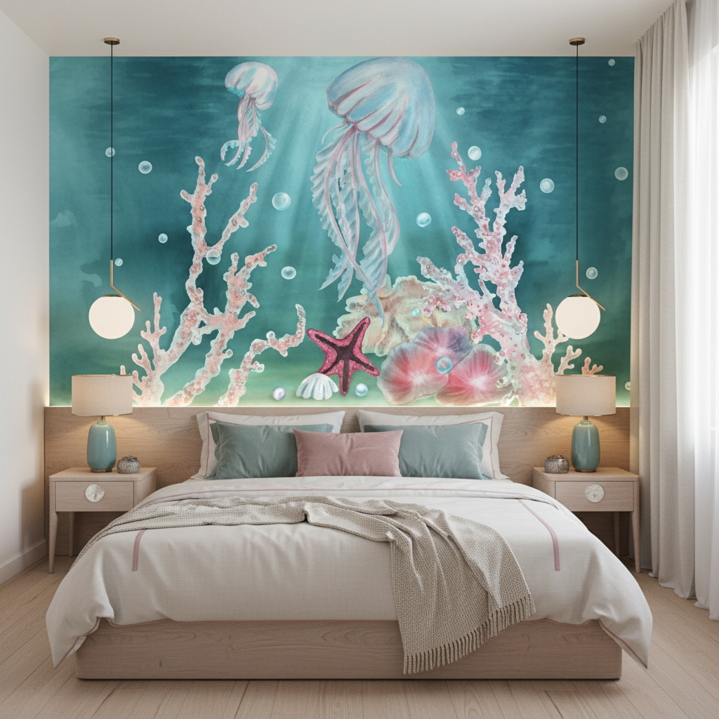 Papier Peint Aquatique avec Méduses et Coraux Multicolores - Chambre adulte