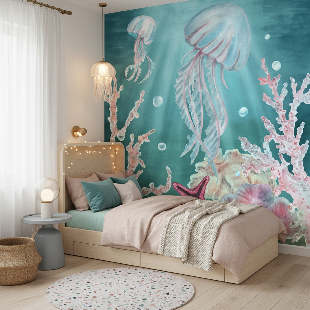 Papier Peint Aquatique avec Méduses et Coraux Multicolores - Chambre enfant