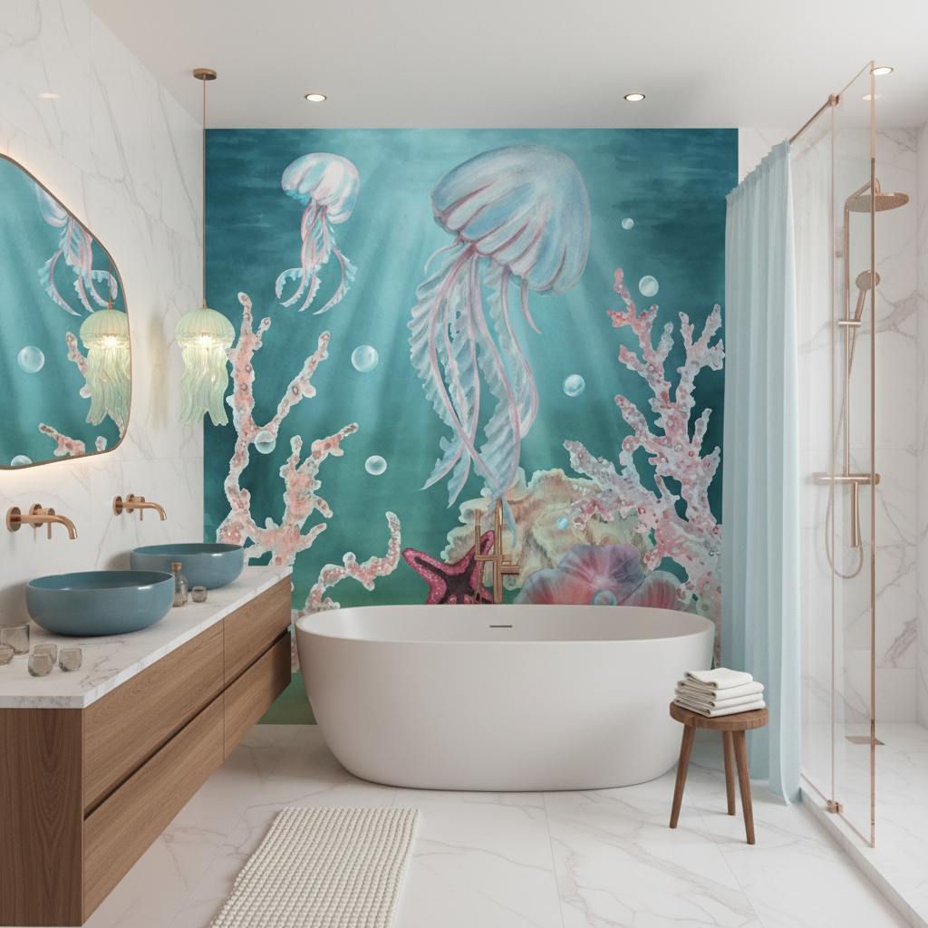 Papier Peint Aquatique avec Méduses et Coraux Multicolores - Salle de bain