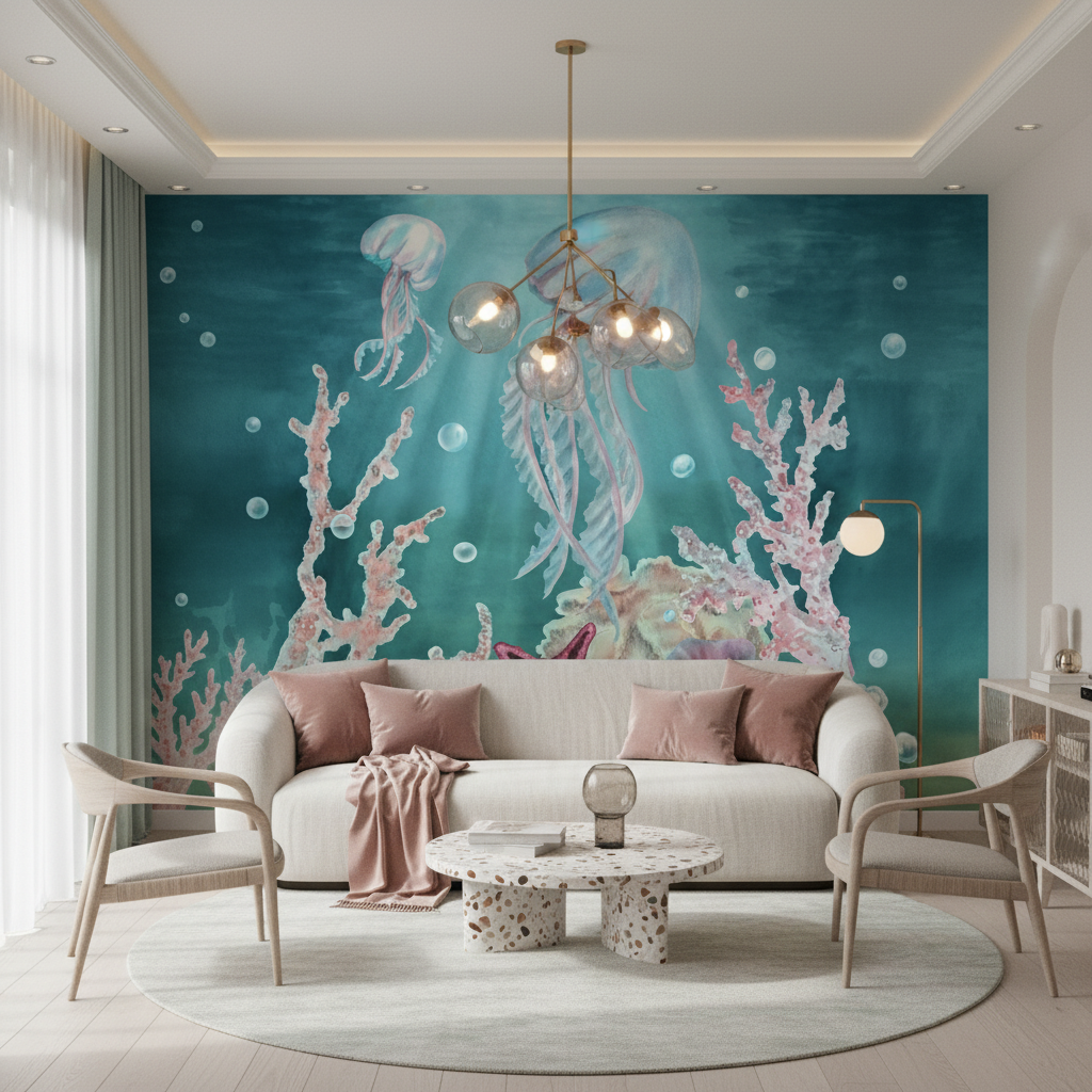 Papier Peint Aquatique avec Méduses et Coraux Multicolores - Salon / Séjour