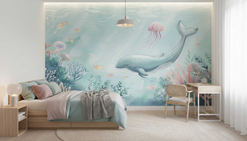 Papier peint aquatique baleine et coraux univers marin pastel - Chambre ado