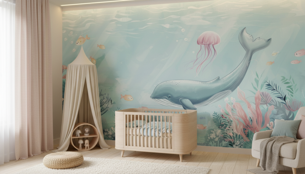 Papier peint aquatique baleine et coraux univers marin pastel - Chambre bébé