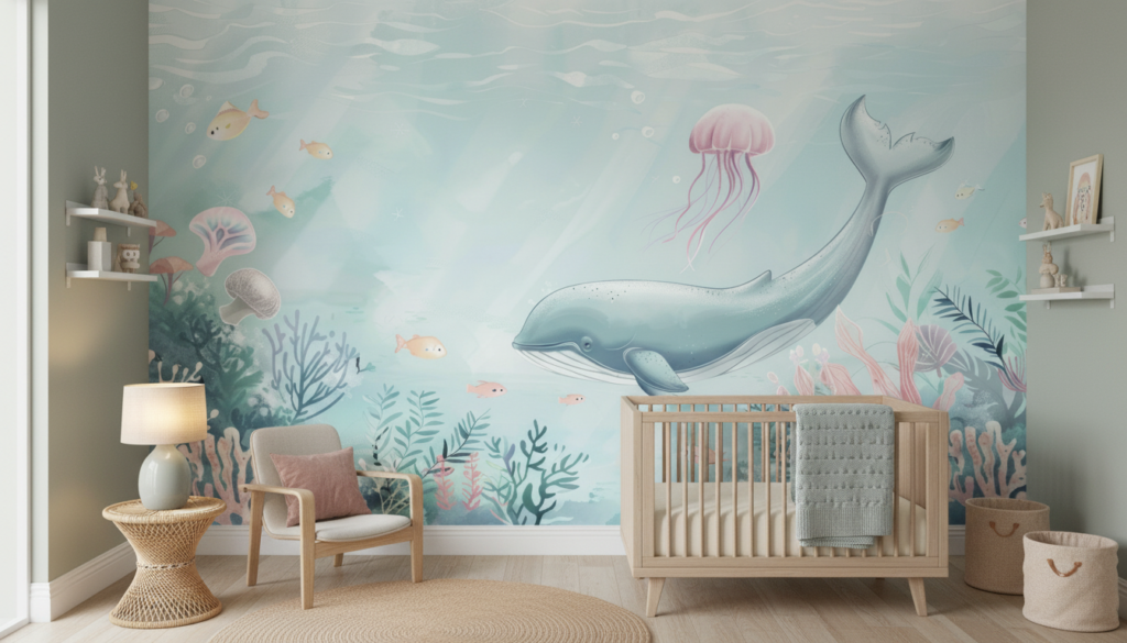 Papier peint aquatique baleine et coraux univers marin pastel - Chambre enfant