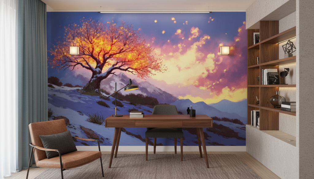 Papier Peint Arbre Doré Coucher de Soleil Montagne Hiver - Bureau