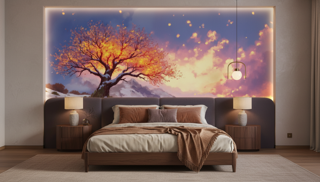 Papier Peint Arbre Doré Coucher de Soleil Montagne Hiver - Chambre adulte