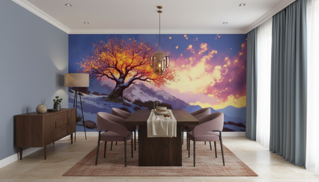 Papier Peint Arbre Doré Coucher de Soleil Montagne Hiver - Salle à manger