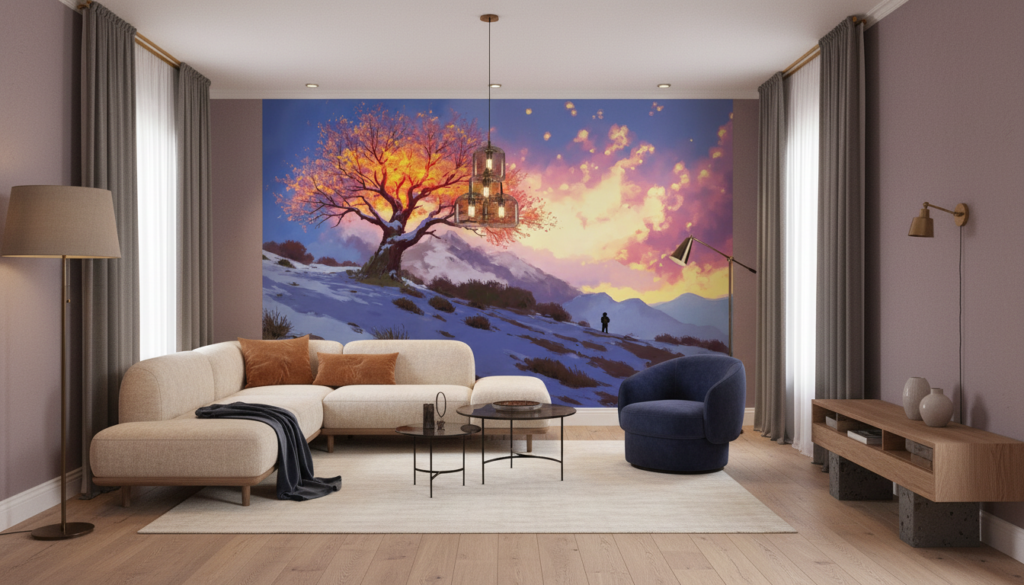 Papier Peint Arbre Doré Coucher de Soleil Montagne Hiver - Salon / Séjour