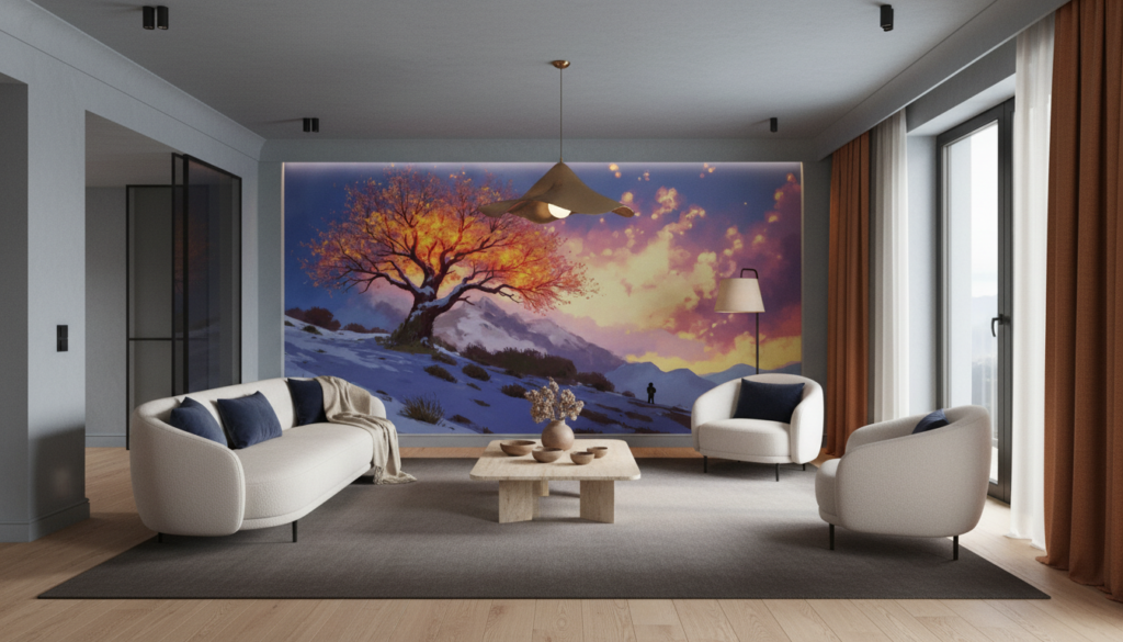 Papier Peint Arbre Doré Coucher de Soleil Montagne Hiver - Salon / Séjour