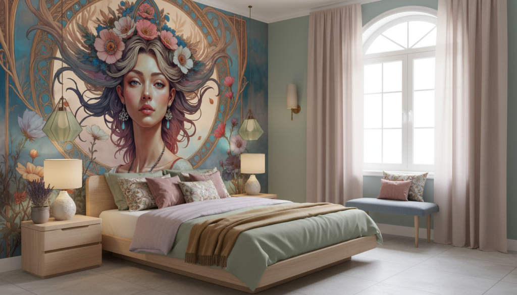 Papier Peint Art Nouveau Femme Élégante Couronne de Fleurs - Chambre adulte