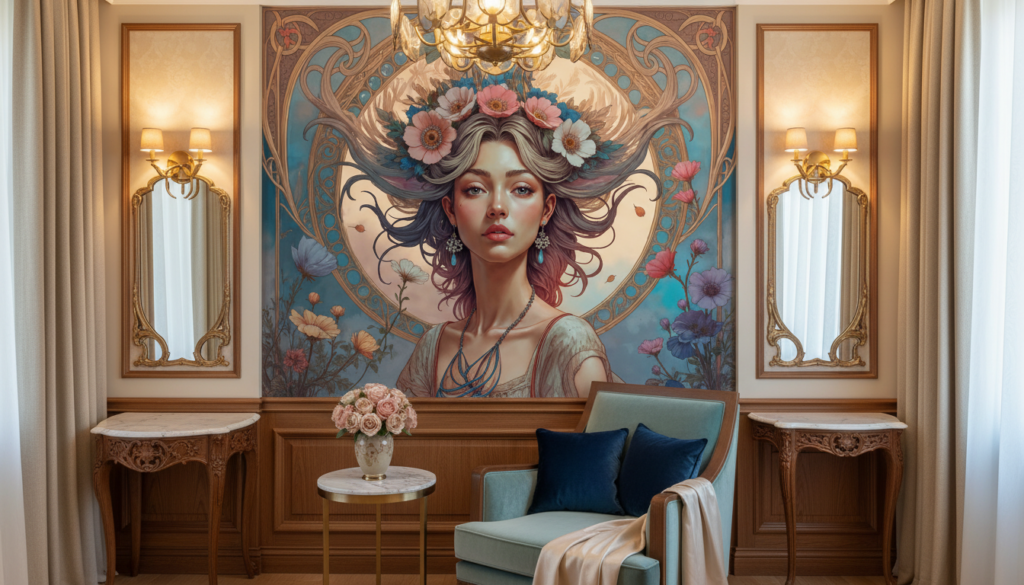 Papier Peint Art Nouveau Femme Élégante Couronne de Fleurs - Hôtel