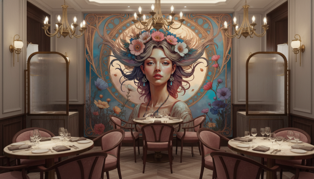 Papier Peint Art Nouveau Femme Élégante Couronne de Fleurs - Restaurant