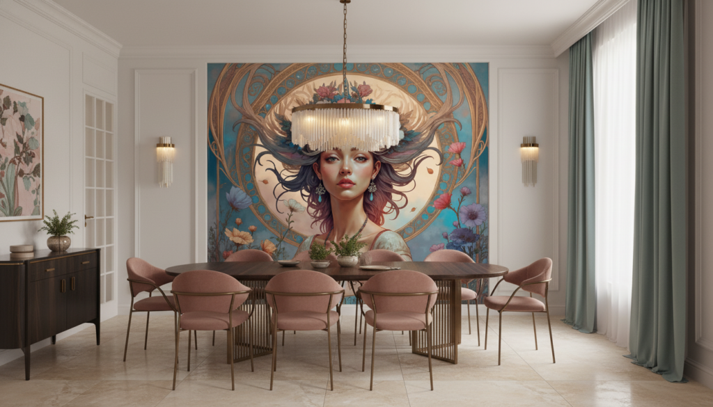 Papier Peint Art Nouveau Femme Élégante Couronne de Fleurs - Salle à manger