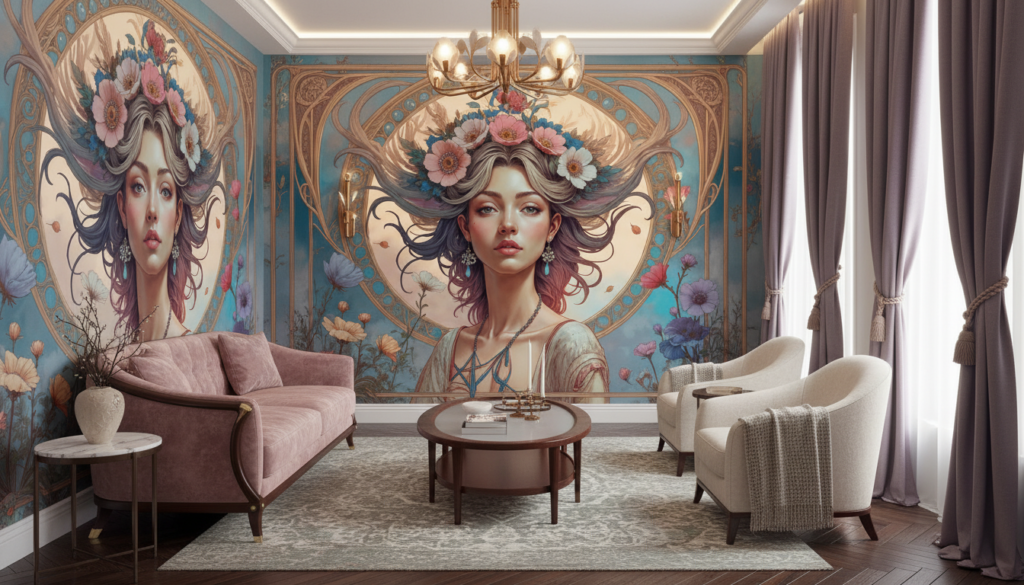 Papier Peint Art Nouveau Femme Élégante Couronne de Fleurs - Salon / Séjour