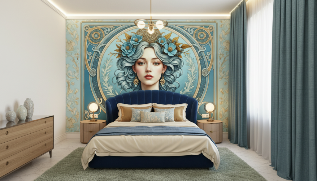 Papier Peint Art Nouveau Portrait Femme Fleurs Bleues Dorées - Chambre adulte