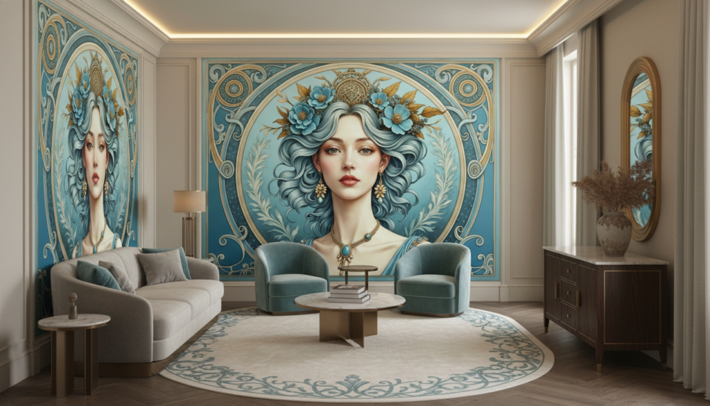 Papier Peint Art Nouveau Portrait Femme Fleurs Bleues Dorées - Hôtel