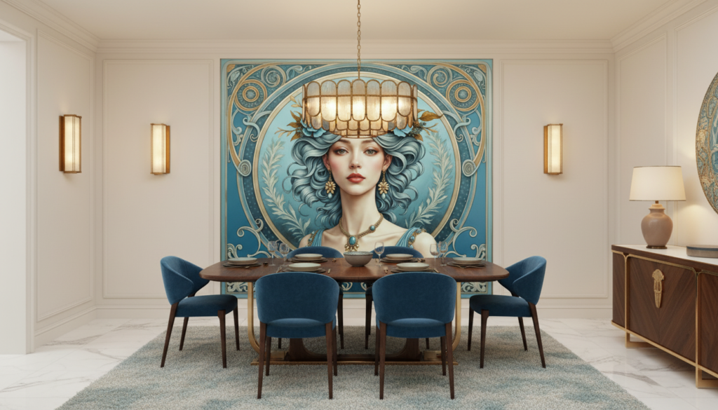 Papier Peint Art Nouveau Portrait Femme Fleurs Bleues Dorées - Salle à manger