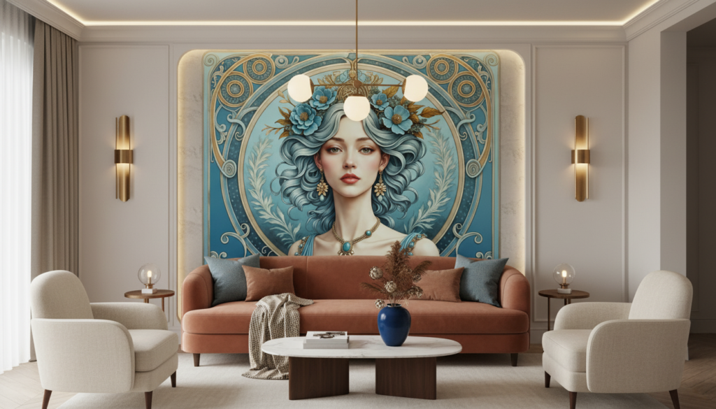 Papier Peint Art Nouveau Portrait Femme Fleurs Bleues Dorées - Salon / Séjour