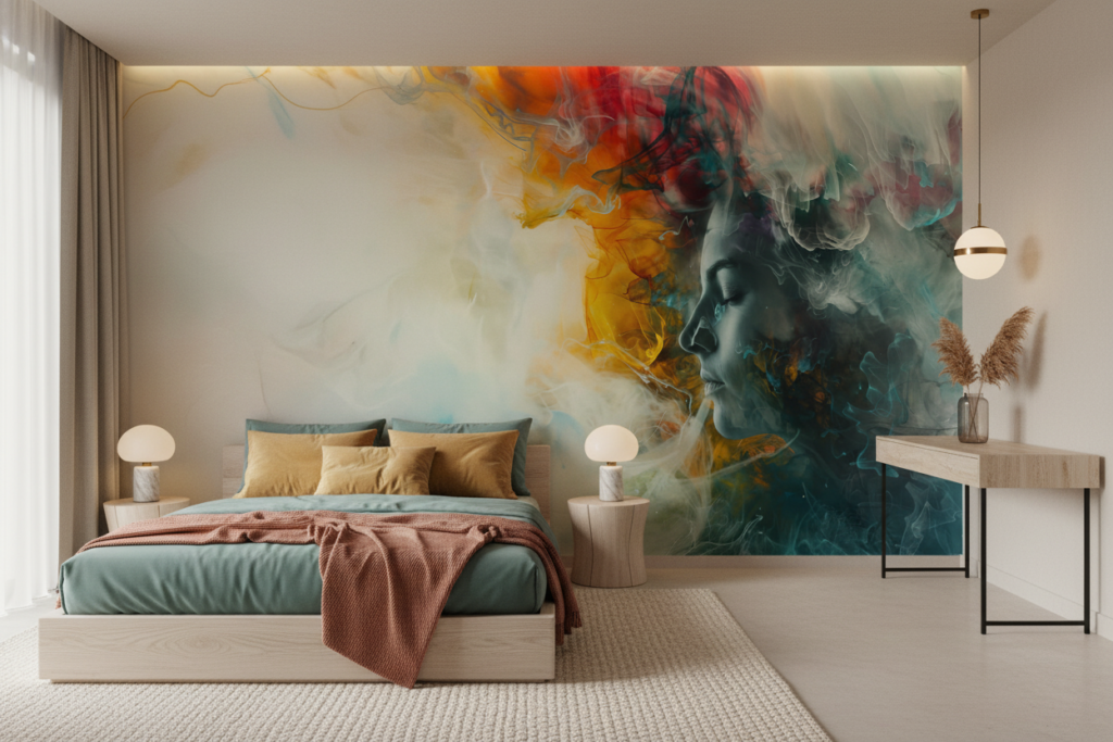 Papier peint artistique abstrait aux couleurs vibrantes et fumées colorées - Chambre adulte