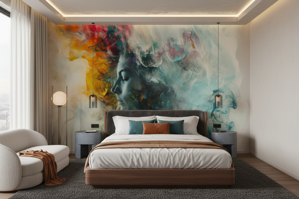 Papier peint artistique abstrait aux couleurs vibrantes et fumées colorées - Hôtel