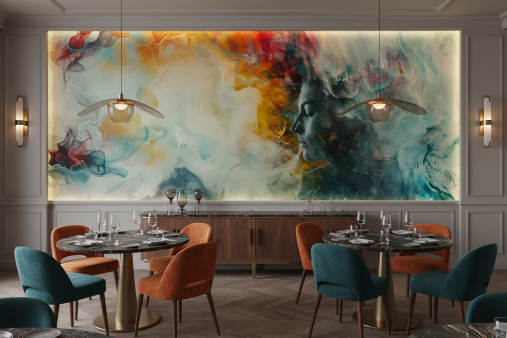 Papier peint artistique abstrait aux couleurs vibrantes et fumées colorées - Restaurant