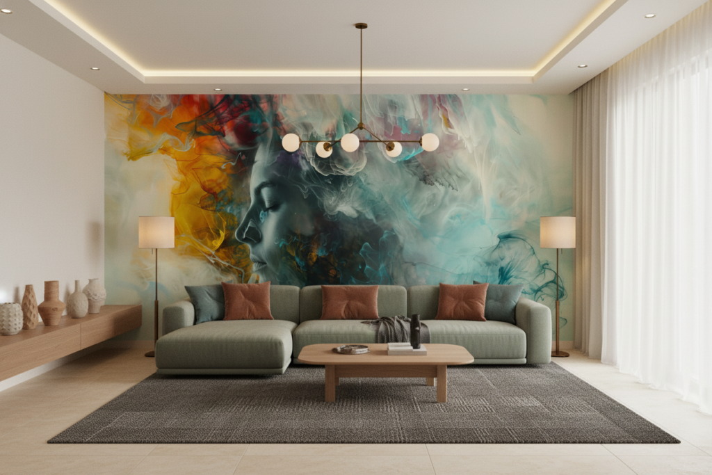 Papier peint artistique abstrait aux couleurs vibrantes et fumées colorées - Salon / Séjour