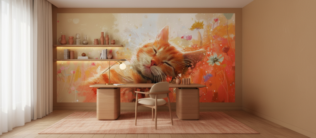 Papier peint artistique chat roux dans champ fleuri lumineux - Bureau
