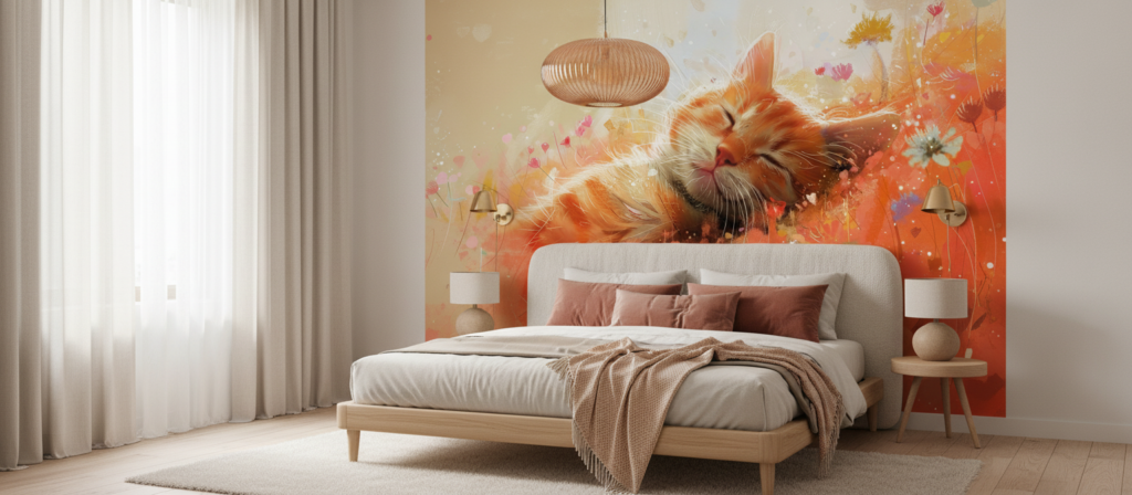 Papier peint artistique chat roux dans champ fleuri lumineux - Chambre adulte