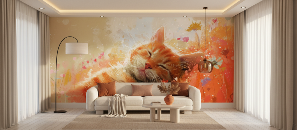 Papier peint artistique chat roux dans champ fleuri lumineux - Salon / Séjour