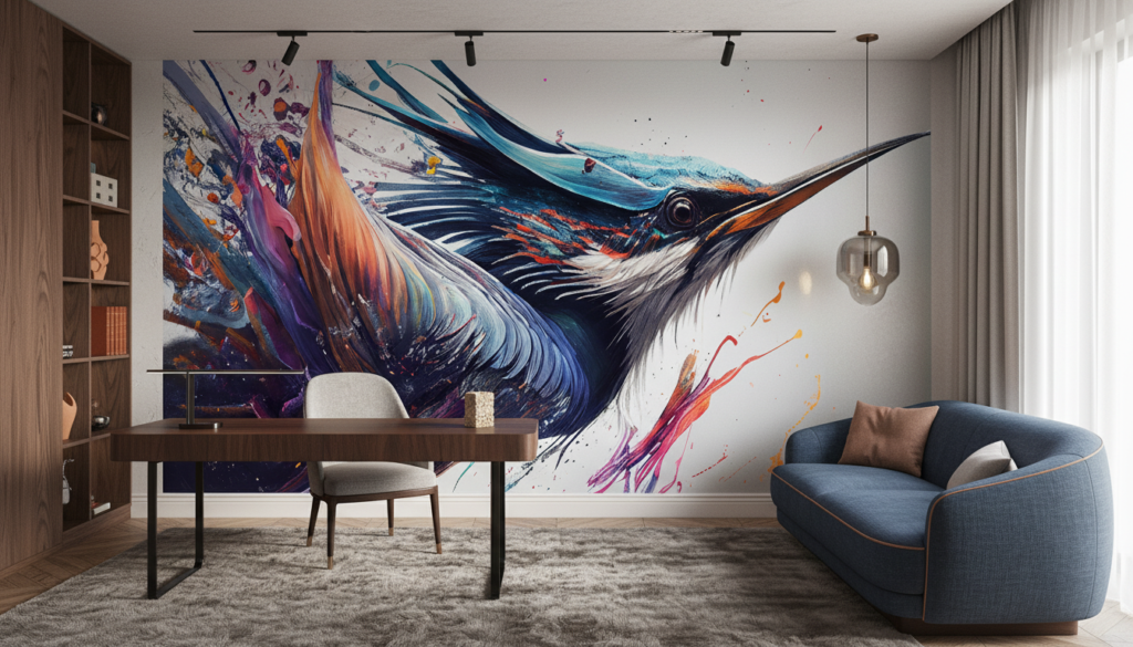 Papier Peint Artistique Colibri Abstrait aux Couleurs Éclatantes - Bureau