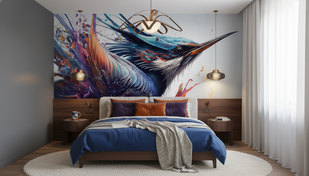 Papier Peint Artistique Colibri Abstrait aux Couleurs Éclatantes - Chambre adulte