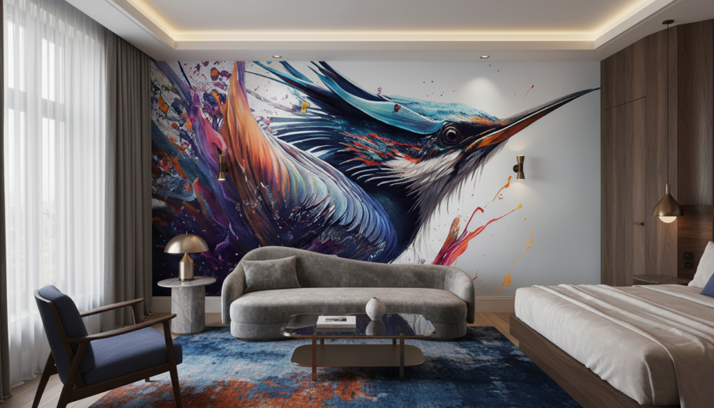 Papier Peint Artistique Colibri Abstrait aux Couleurs Éclatantes - Hôtel