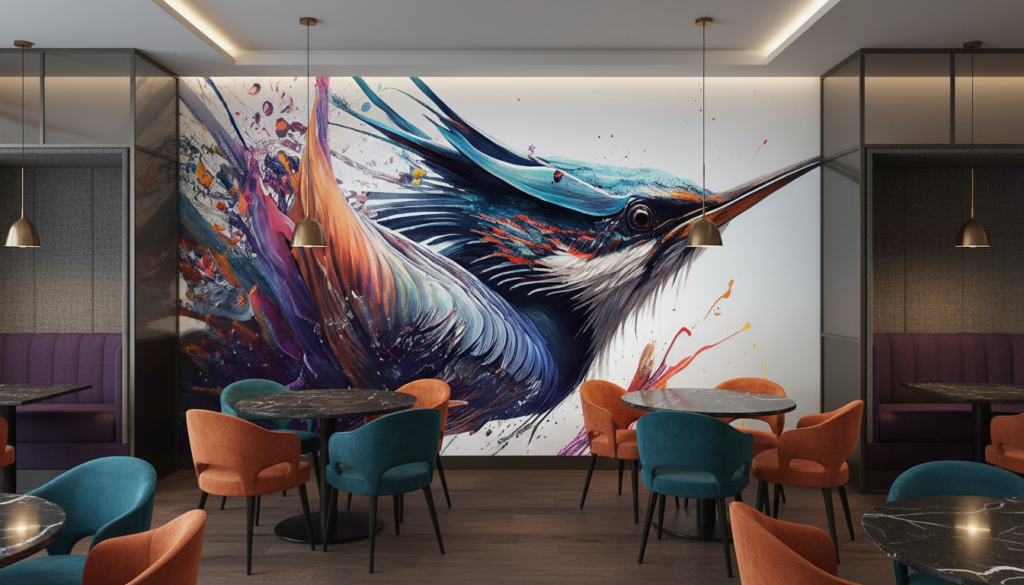 Papier Peint Artistique Colibri Abstrait aux Couleurs Éclatantes - Restaurant