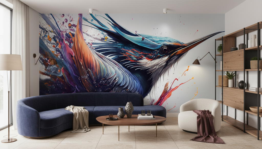 Papier Peint Artistique Colibri Abstrait aux Couleurs Éclatantes - Salon / Séjour