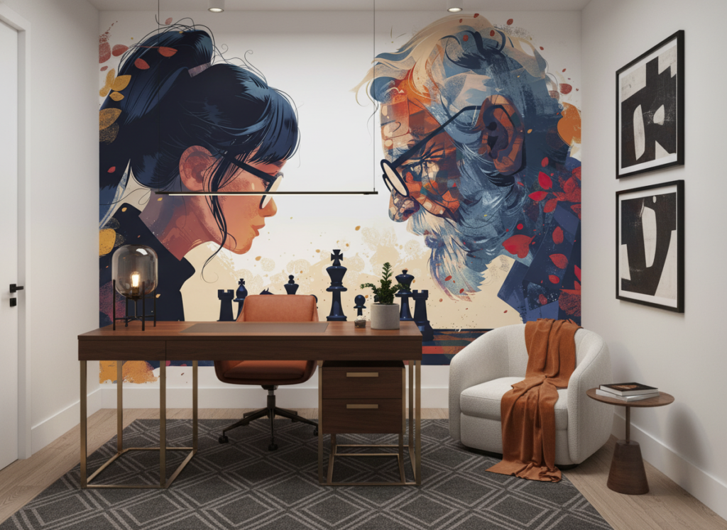 Papier peint artistique duel d'échecs entre générations passé présent - Bureau