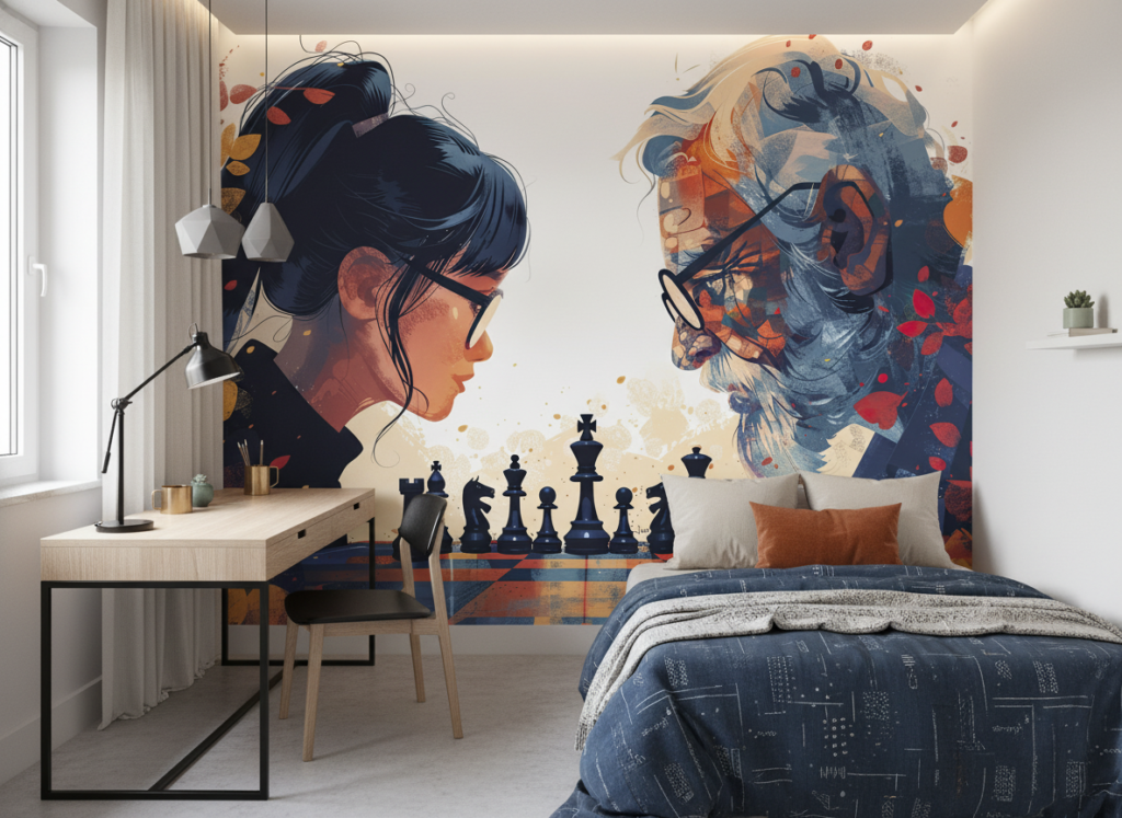 Papier peint artistique duel d'échecs entre générations passé présent - Chambre ado