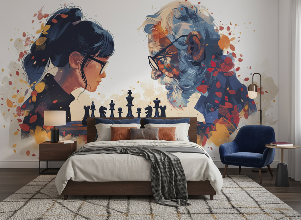 Papier peint artistique duel d'échecs entre générations passé présent - Chambre adulte