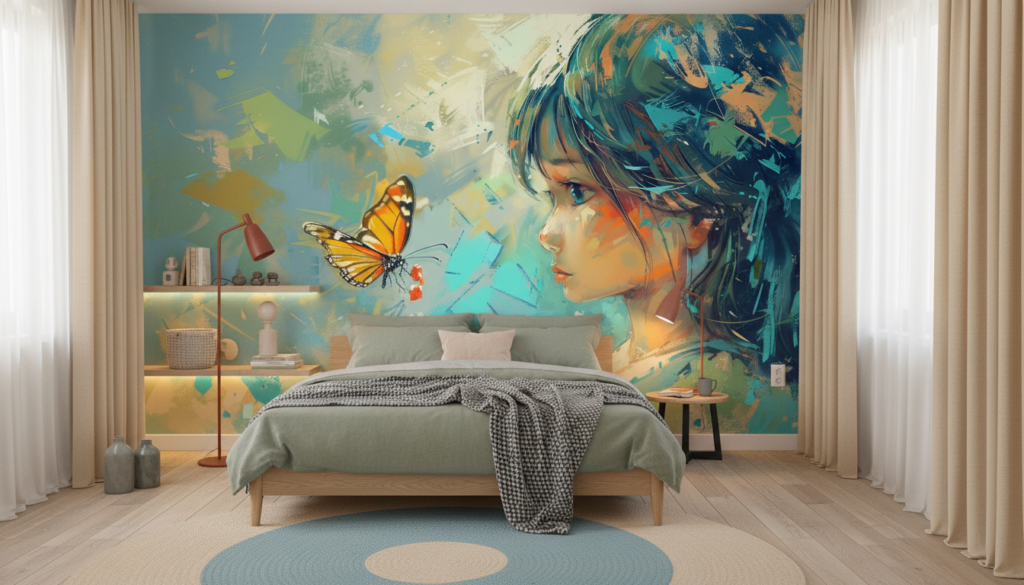 Papier Peint Artistique Enfant avec Papillon Coloré Style Aquarelle - Chambre ado