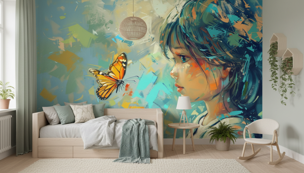 Papier Peint Artistique Enfant avec Papillon Coloré Style Aquarelle - Chambre enfant